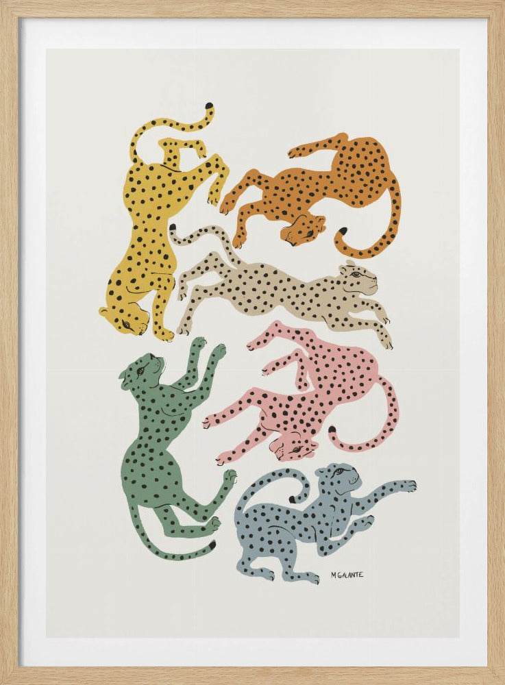 A modern art print by M. Galante featuring six stylized, spotted cheetahs in playful, tumbling poses against a cream background. Each cheetah is a different color: yellow, orange, tan, green, pink, and blue-gray. Decor