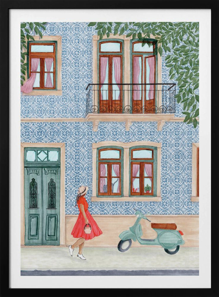 Street Scene with Elegant Woman in Red Dress - Poster / Art Print