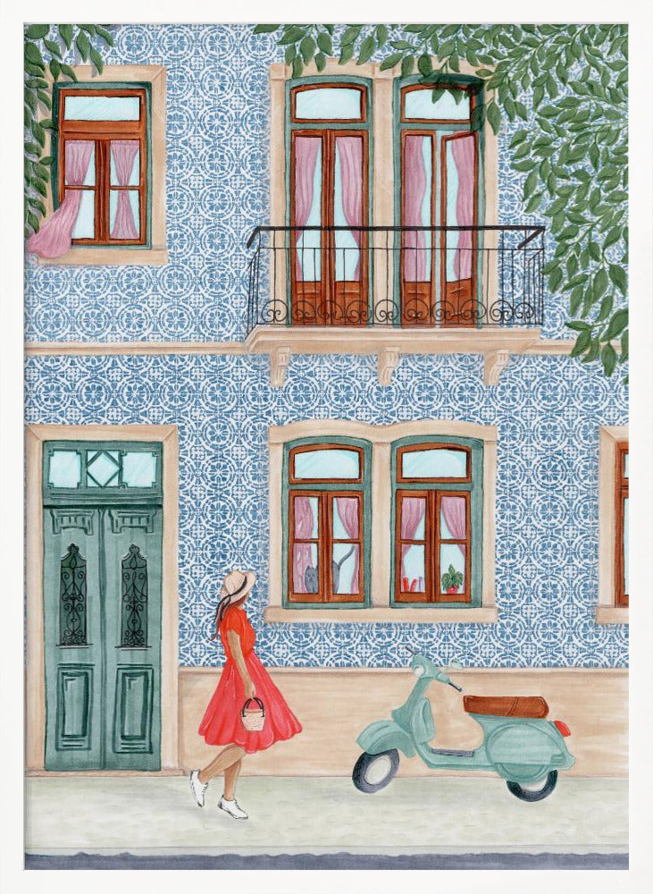 Street Scene with Elegant Woman in Red Dress - Poster / Art Print