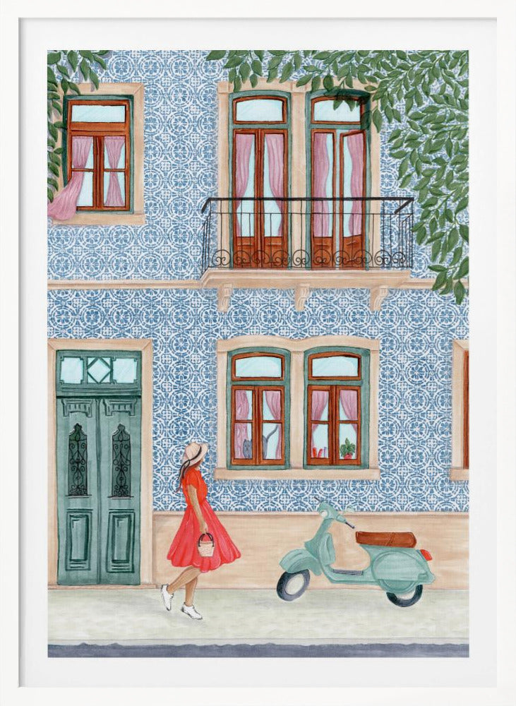 Street Scene with Elegant Woman in Red Dress - Poster / Art Print