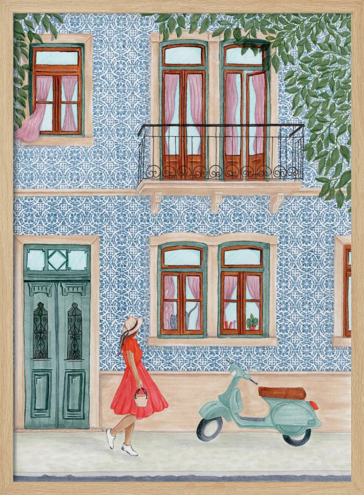 Street Scene with Elegant Woman in Red Dress - Poster / Art Print