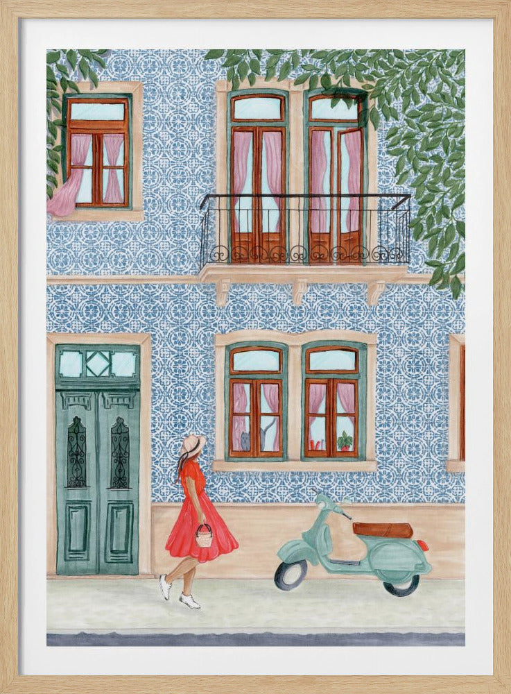 Street Scene with Elegant Woman in Red Dress - Poster / Art Print