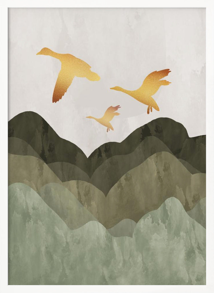 Golden Birds Flying Over Mountains - Poster / Art Print