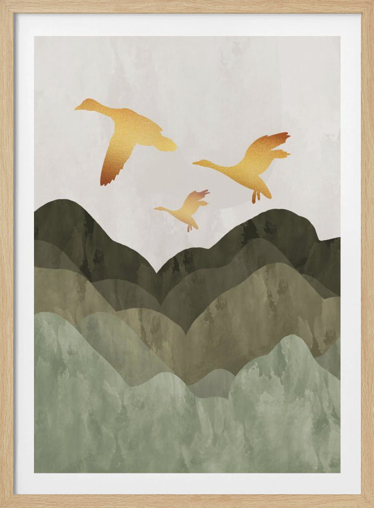 Golden Birds Flying Over Mountains - Poster / Art Print