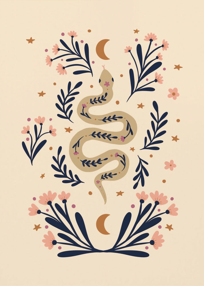 Snake And Flowers Beige And Indigo - Poster / Art Print