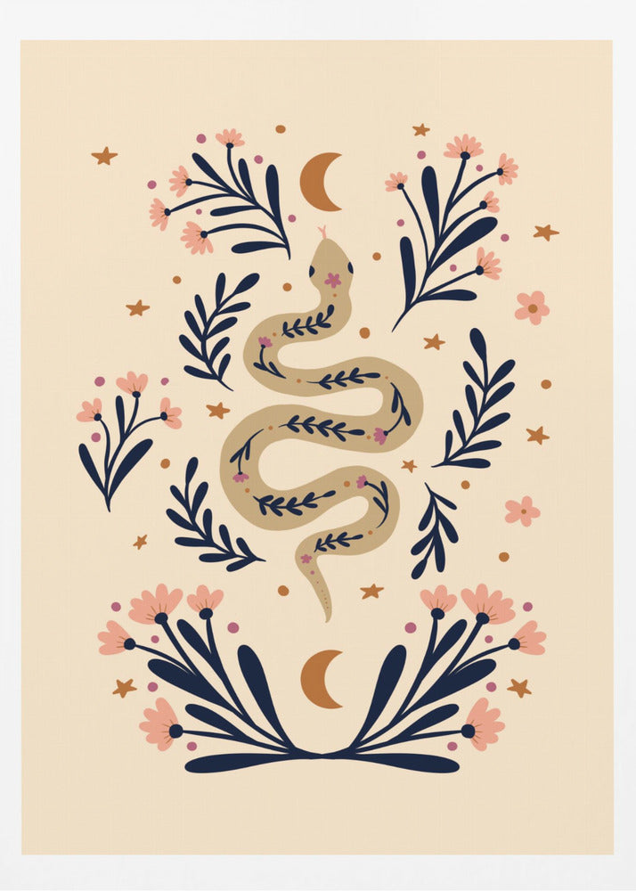 Snake And Flowers Beige And Indigo - Poster / Art Print