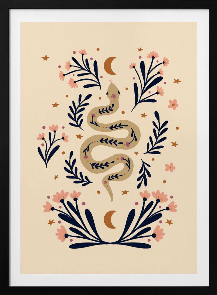 Snake And Flowers Beige And Indigo - Poster / Art Print
