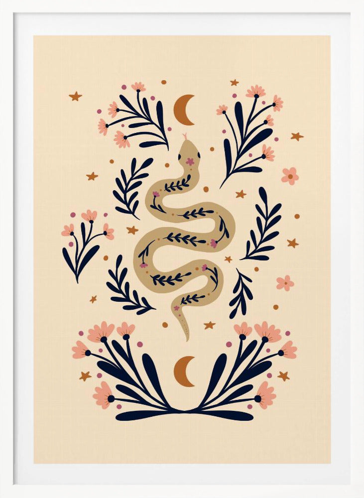 Snake And Flowers Beige And Indigo - Poster / Art Print