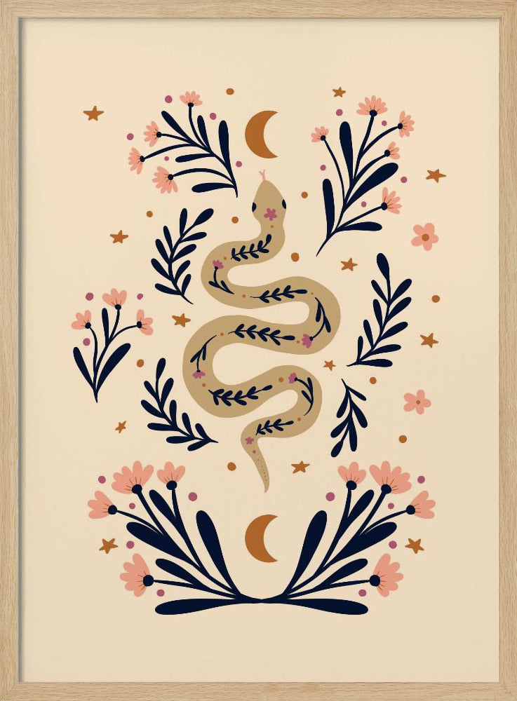 Snake And Flowers Beige And Indigo - Poster / Art Print