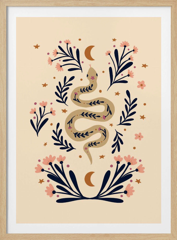 Snake And Flowers Beige And Indigo - Poster / Art Print
