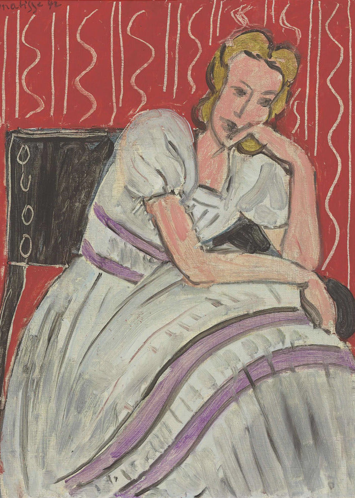 Jeune Femme Assise En Robe Grise - Poster / Art Print