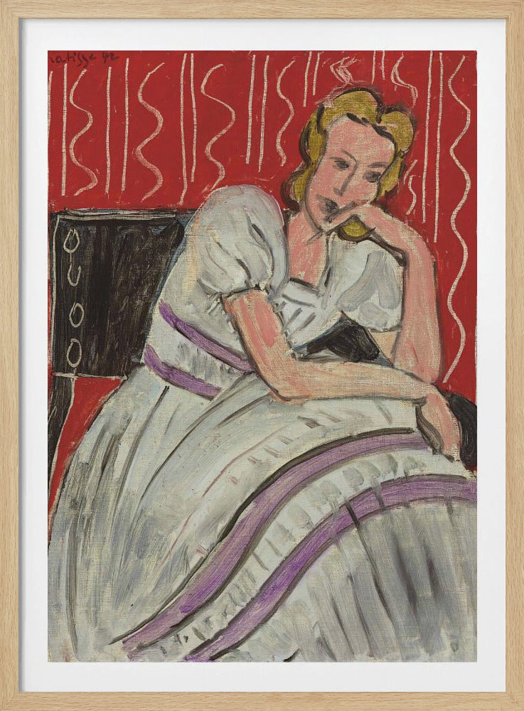 Jeune Femme Assise En Robe Grise - Poster / Art Print