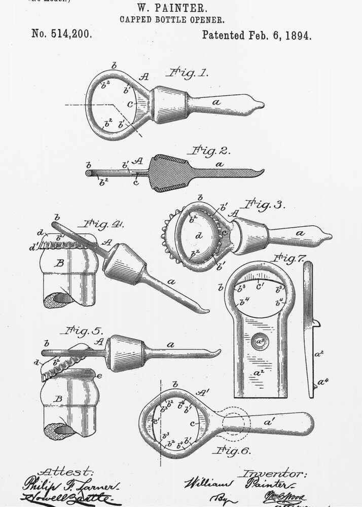 Capped Bottle Opener Patent 1894 - Poster / Art Print