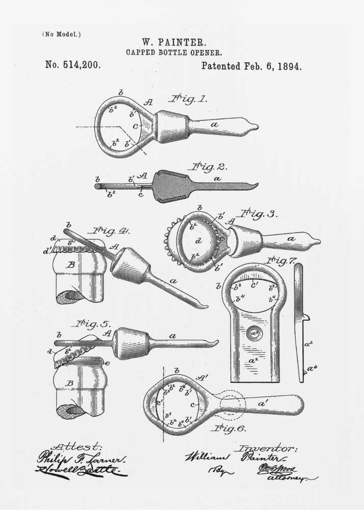 Capped Bottle Opener Patent 1894 - Poster / Art Print