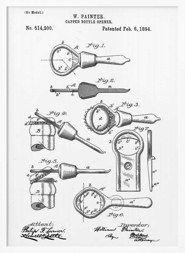 Capped Bottle Opener Patent 1894 - Poster / Art Print