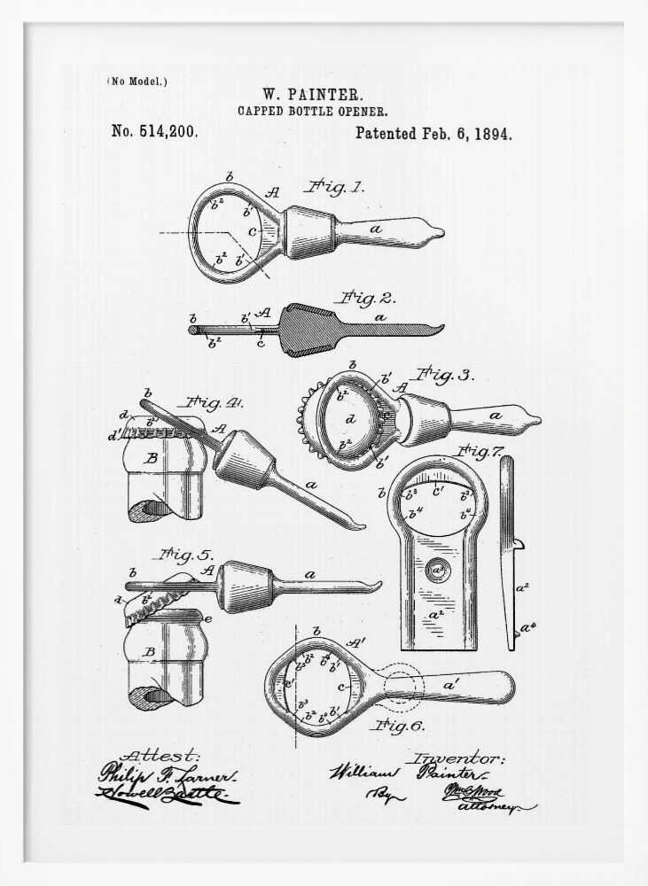 Capped Bottle Opener Patent 1894 - Poster / Art Print