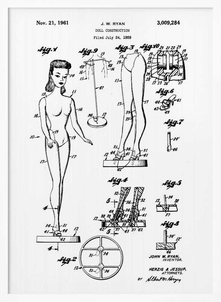 Doll Construction Patent 1961 - Poster / Art Print
