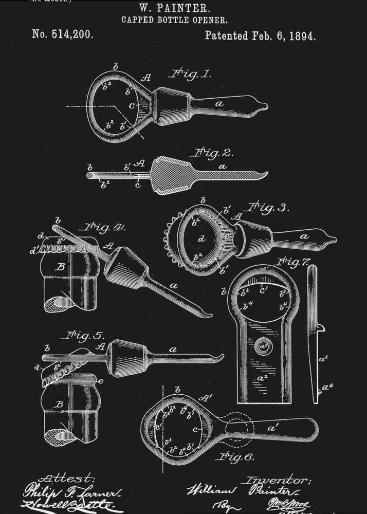 Capped Bottle Opener Patent 1894 - Poster / Art Print