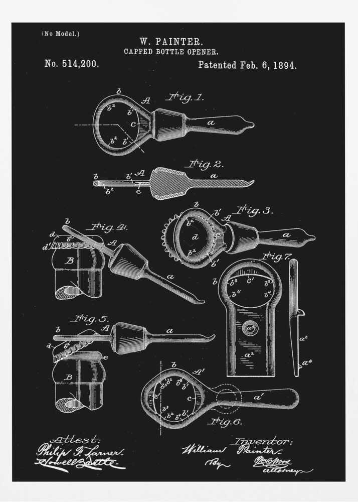 Capped Bottle Opener Patent 1894 - Poster / Art Print