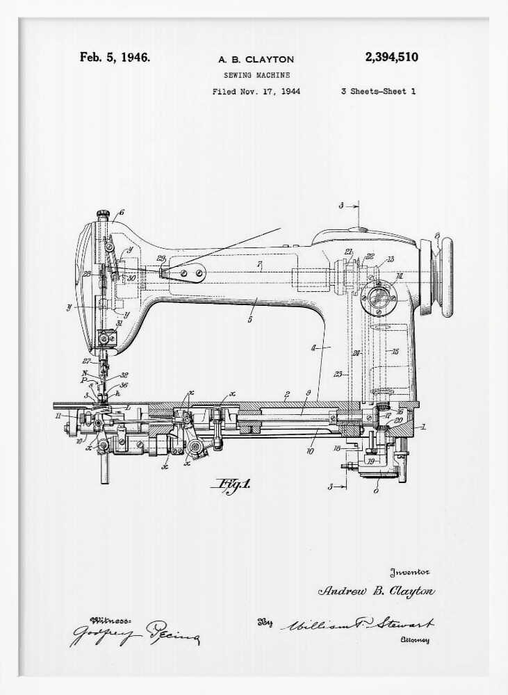 Sewing Machine Patent 1944 - Poster / Art Print