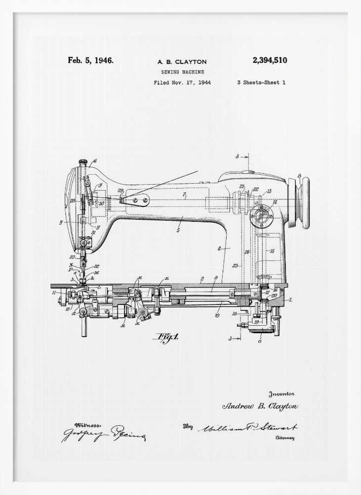 Sewing Machine Patent 1944 - Poster / Art Print