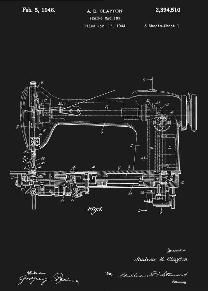 Sewing Machine Patent 1944 - Poster / Art Print