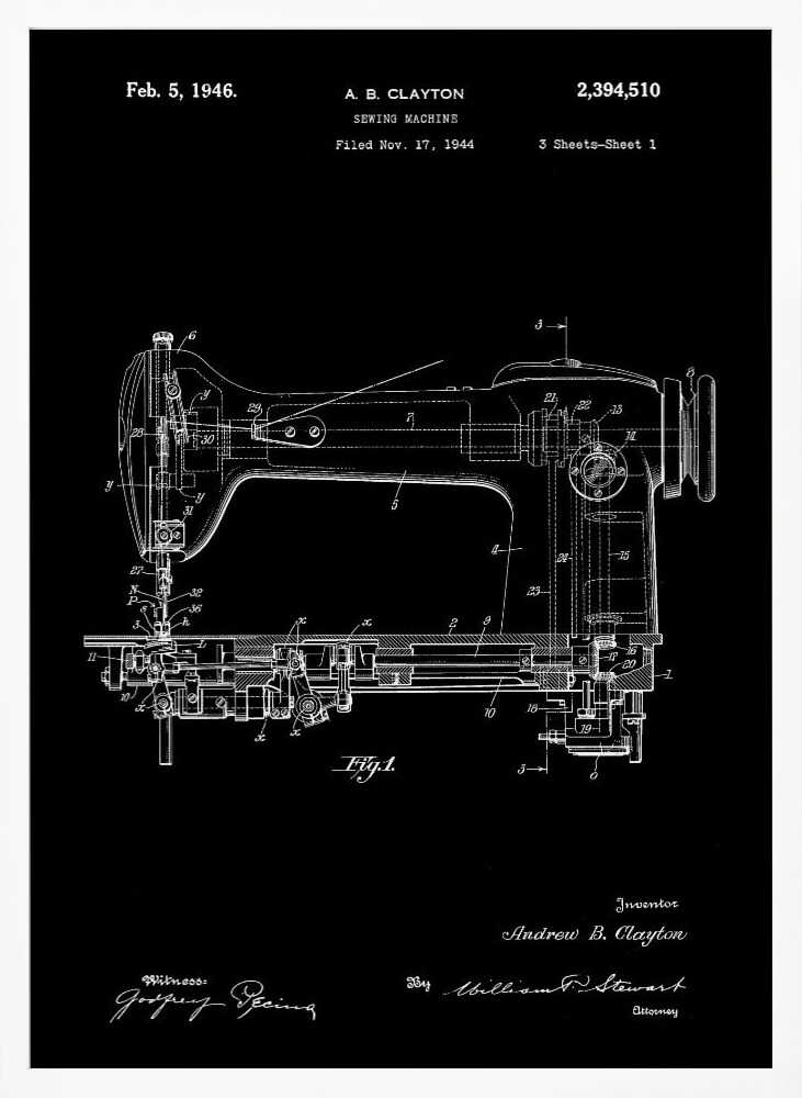 Sewing Machine Patent 1944 - Poster / Art Print