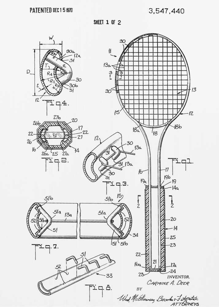 Tennis Racket Patent 1970 - Poster / Art Print