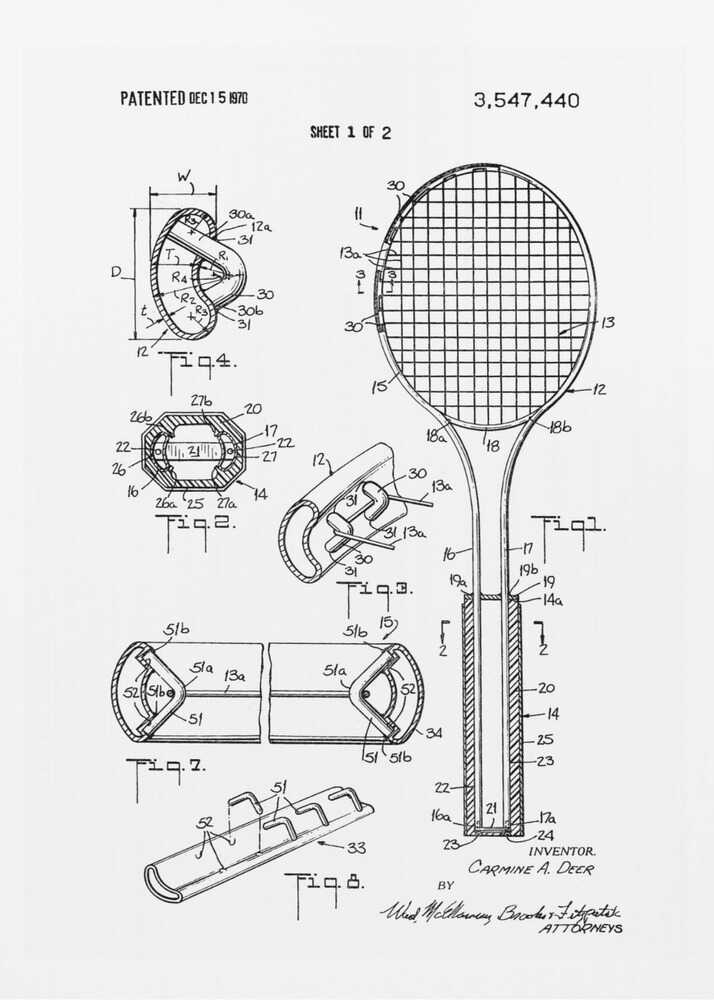 Tennis Racket Patent 1970 - Poster / Art Print