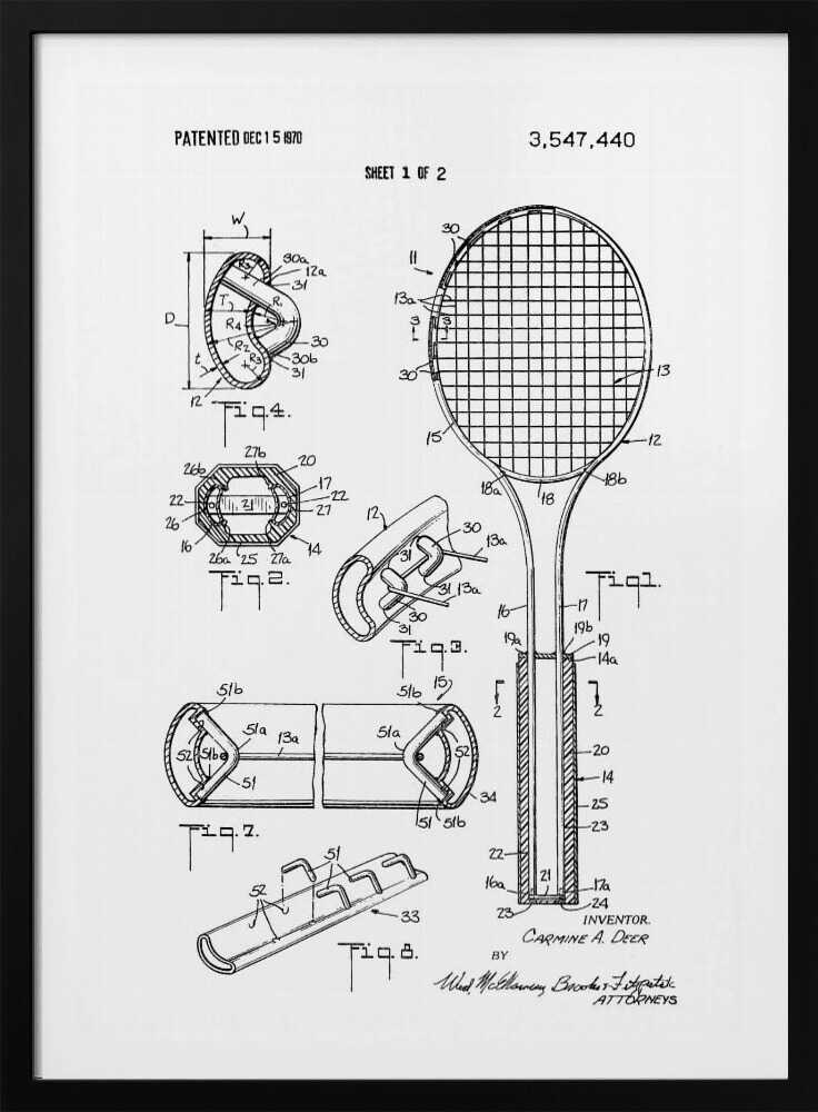 Tennis Racket Patent 1970 - Poster / Art Print
