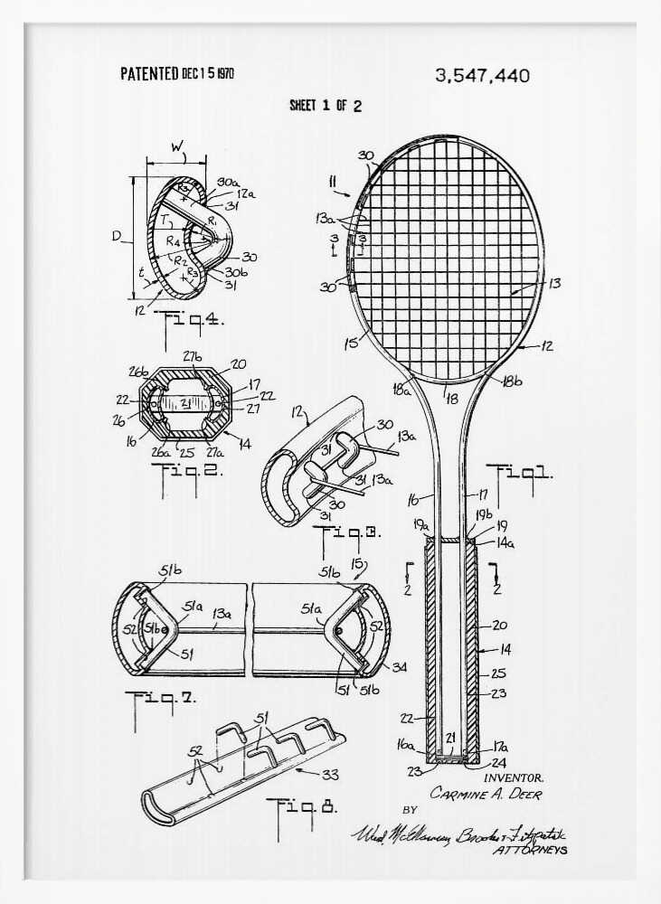 Tennis Racket Patent 1970 - Poster / Art Print