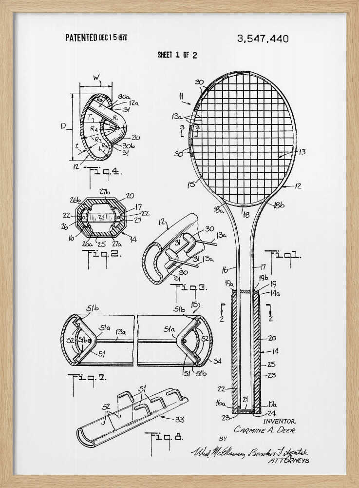 Tennis Racket Patent 1970 - Poster / Art Print