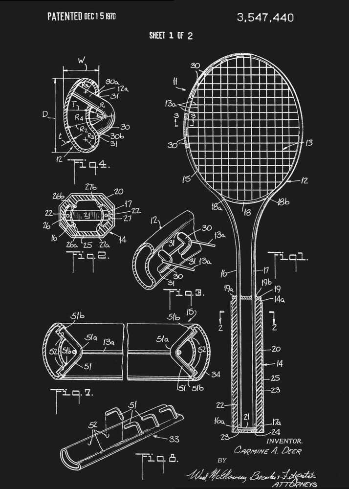 Tennis Racket Patent 1970 - Poster / Art Print
