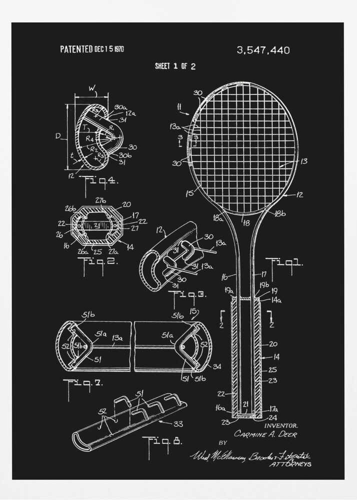 Tennis Racket Patent 1970 - Poster / Art Print