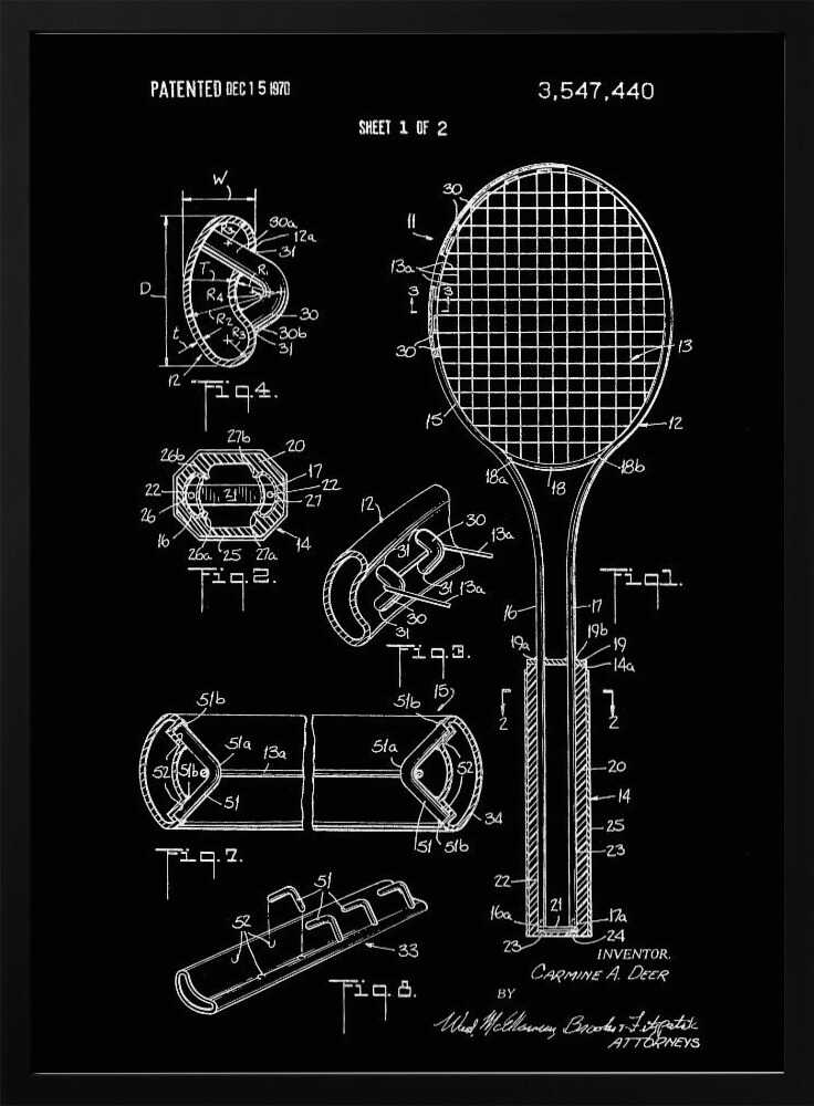Tennis Racket Patent 1970 - Poster / Art Print