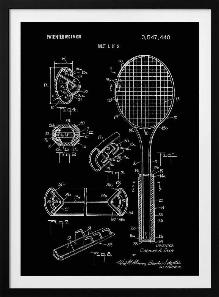 Tennis Racket Patent 1970 - Poster / Art Print