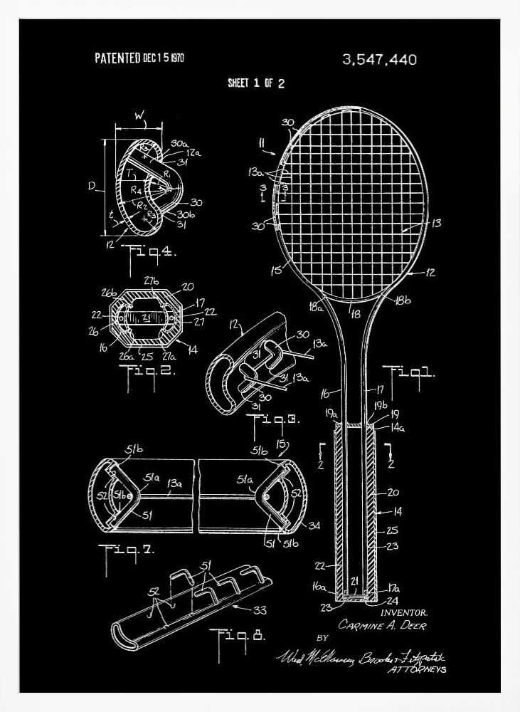 Tennis Racket Patent 1970 - Poster / Art Print