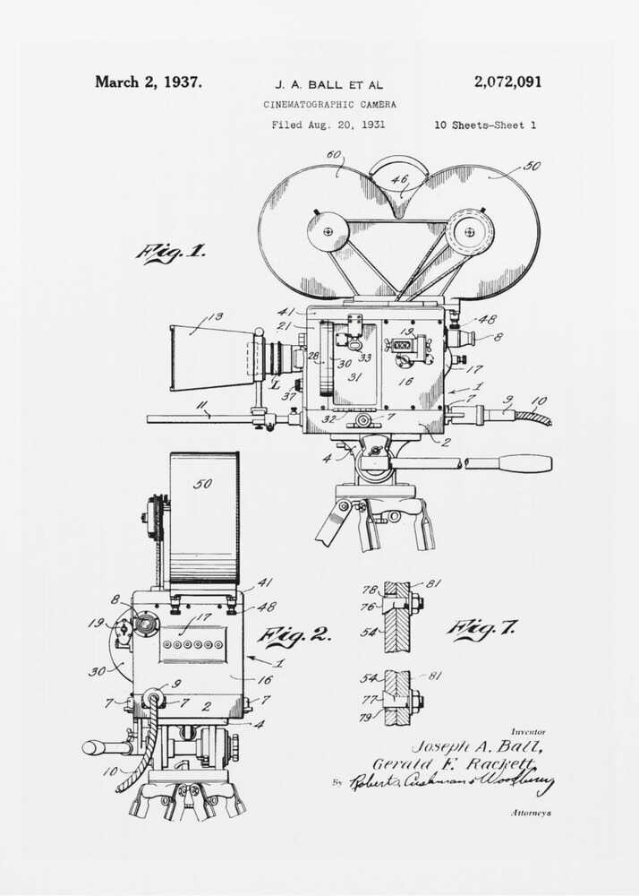 Cinematographic Camera Patent 1937 - Poster / Art Print
