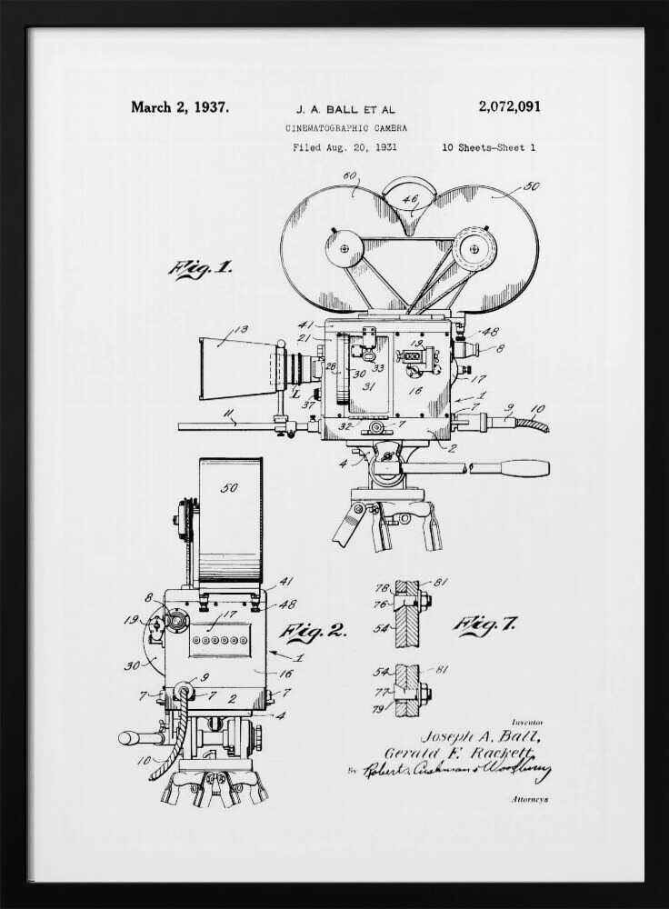 Cinematographic Camera Patent 1937 - Poster / Art Print