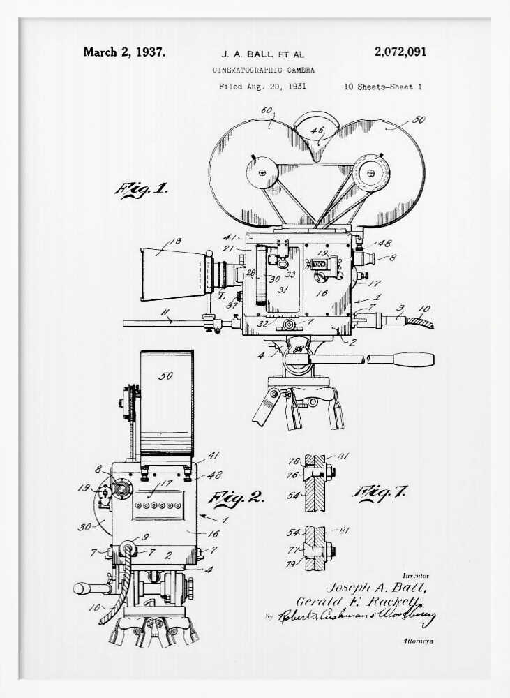 Cinematographic Camera Patent 1937 - Poster / Art Print