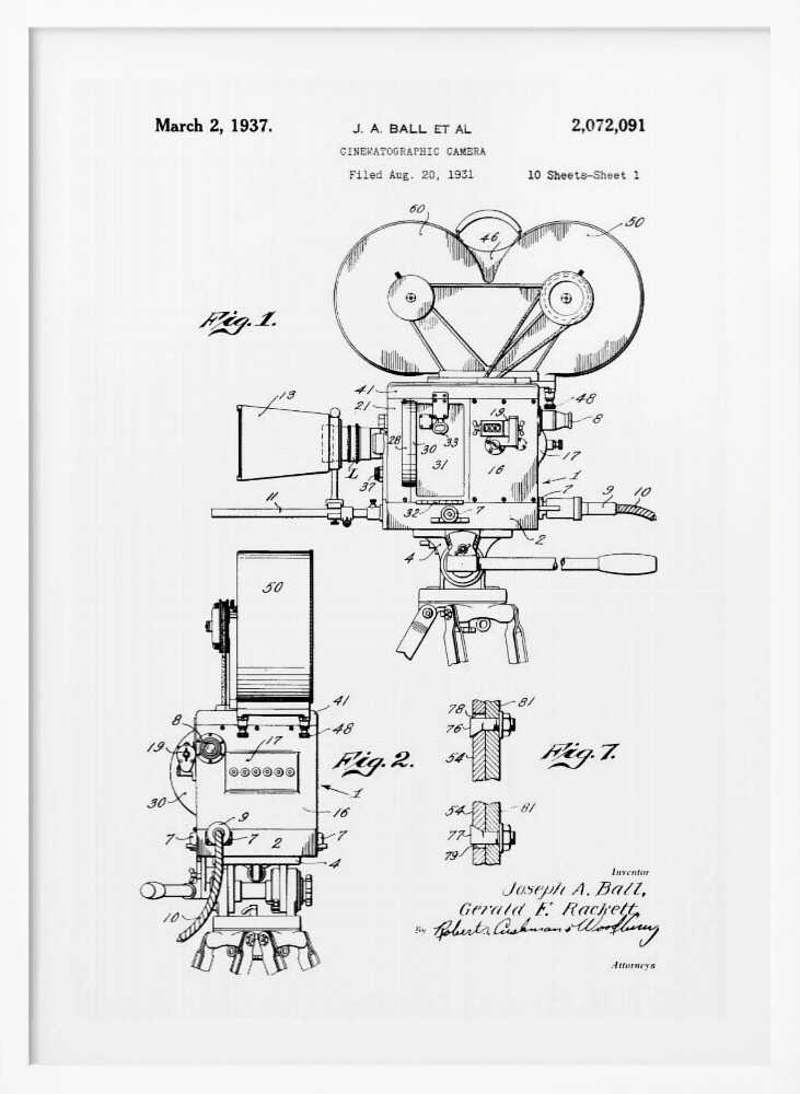 Cinematographic Camera Patent 1937 - Poster / Art Print