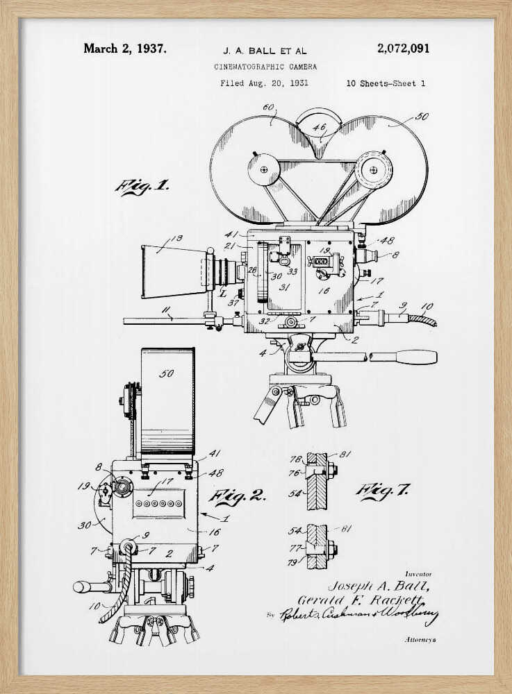 Cinematographic Camera Patent 1937 - Poster / Art Print