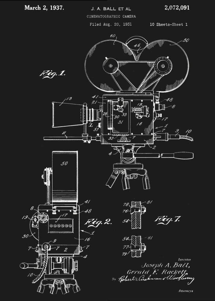 Cinematographic Camera Patent 1937 - Poster / Art Print