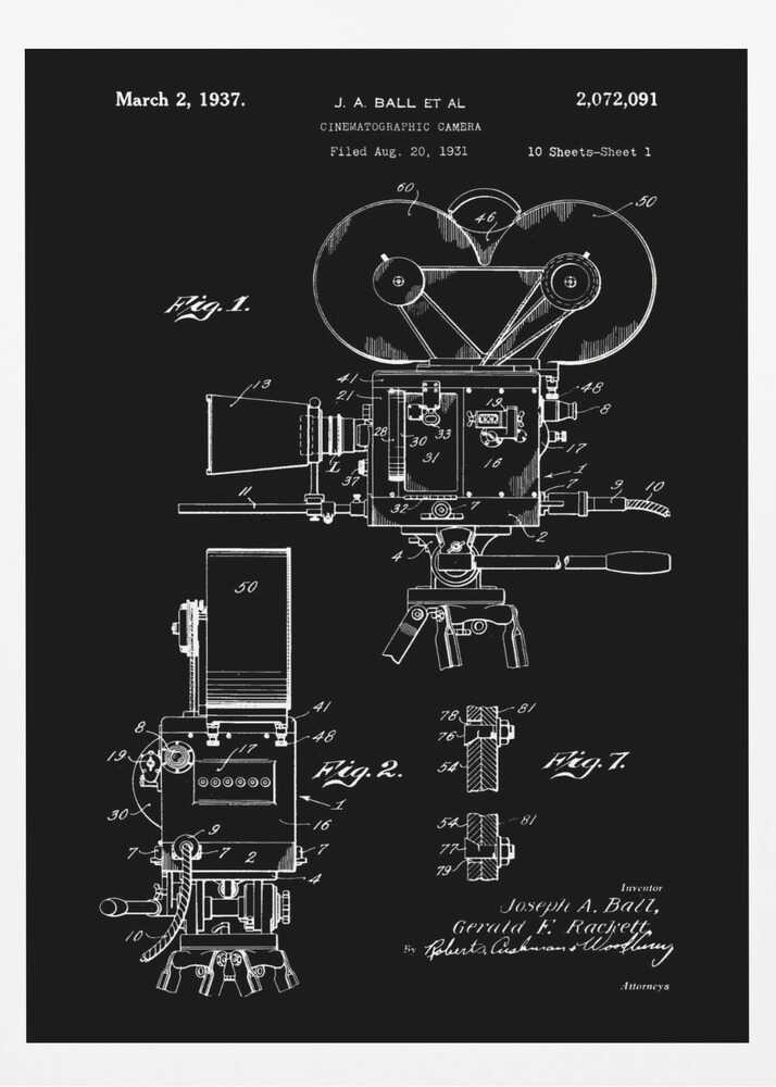 Cinematographic Camera Patent 1937 - Poster / Art Print