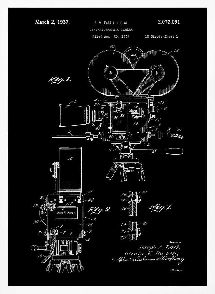 Cinematographic Camera Patent 1937 - Poster / Art Print