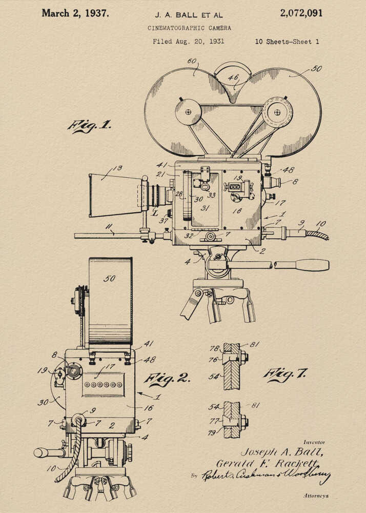 Cinematographic Camera Patent 1937 - Poster / Art Print