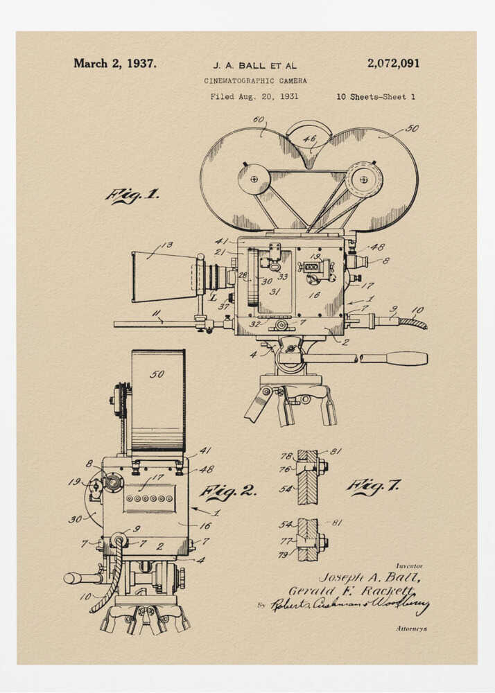 Cinematographic Camera Patent 1937 - Poster / Art Print