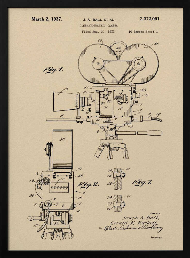 Cinematographic Camera Patent 1937 - Poster / Art Print