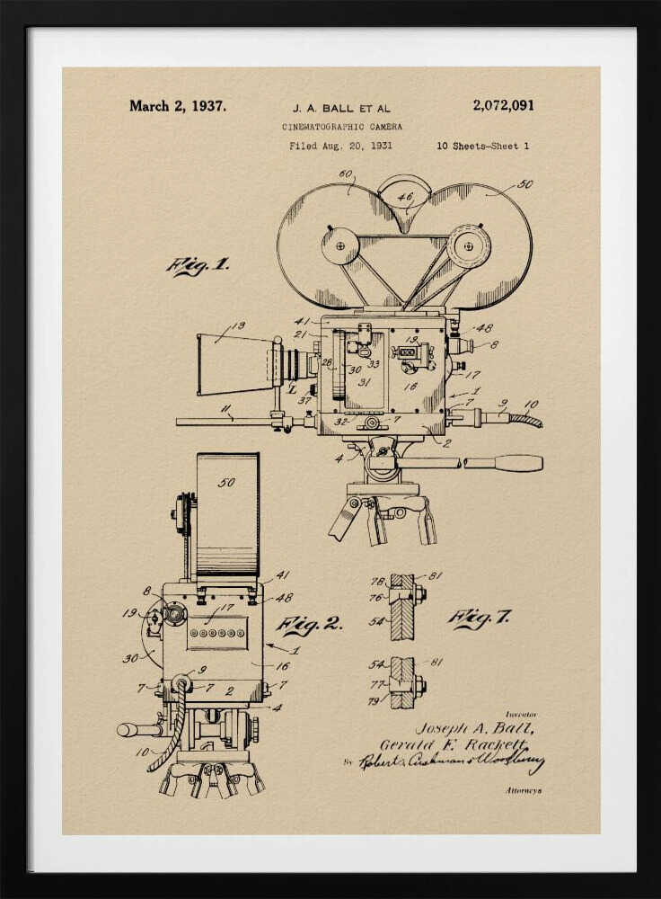 Cinematographic Camera Patent 1937 - Poster / Art Print