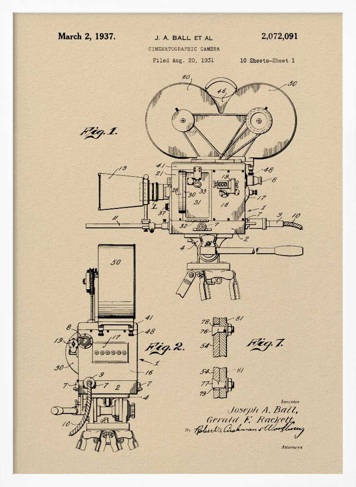 Cinematographic Camera Patent 1937 - Poster / Art Print